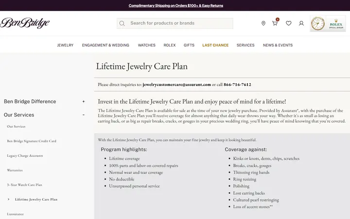 Website page titled Lifetime Jewelry Care Plan | Ben Bridge Jeweler