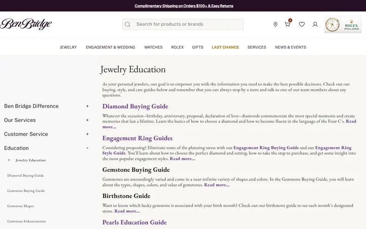 Website page titled Jewelry Education | Ben Bridge Jeweler
