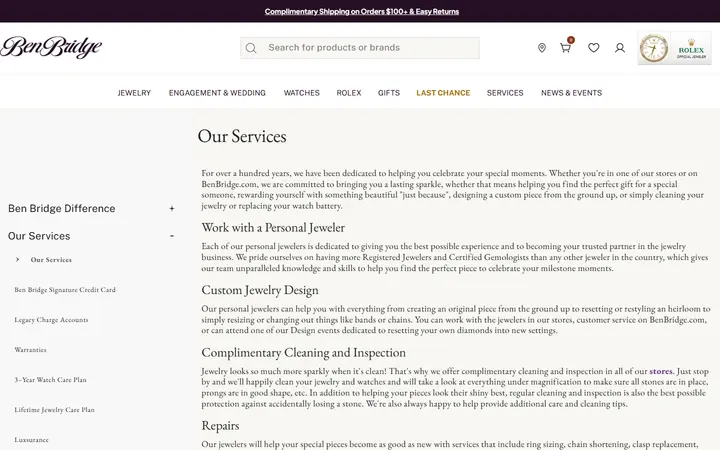 Website page titled Our Services | Ben Bridge Jeweler