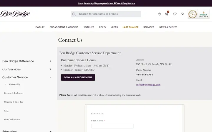 Website page titled Contact Us | Ben Bridge Jeweler