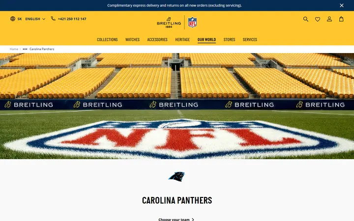 Website page titled Carolina Panthers watches: Official NFL Collection | Breitling