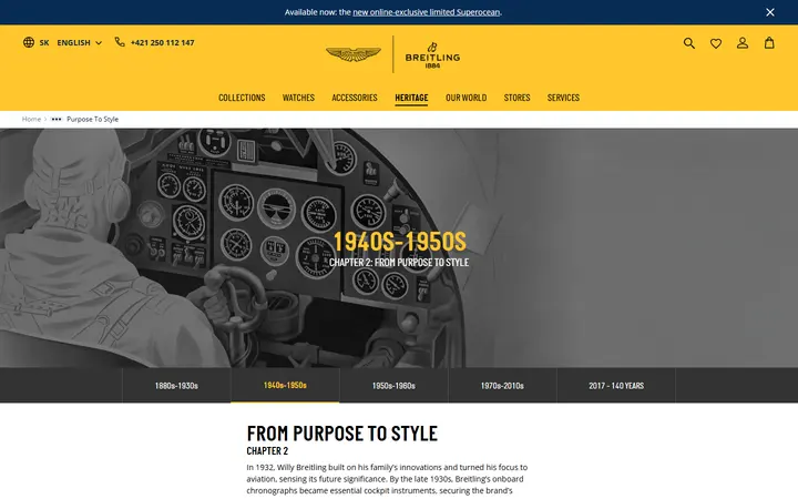 Website page titled From Purpose to Style - Evolution of the Chronograph | Breitling