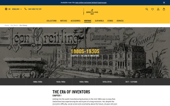 Website page titled The Breitling Story Since 1884 | Breitling