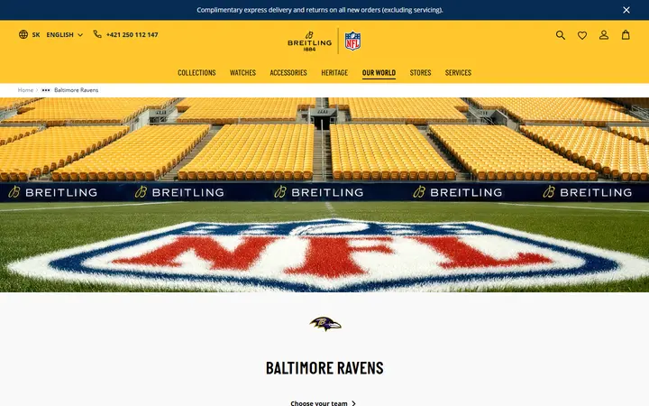 Website page titled Baltimore Ravens watches: Official NFL Collection | Breitling