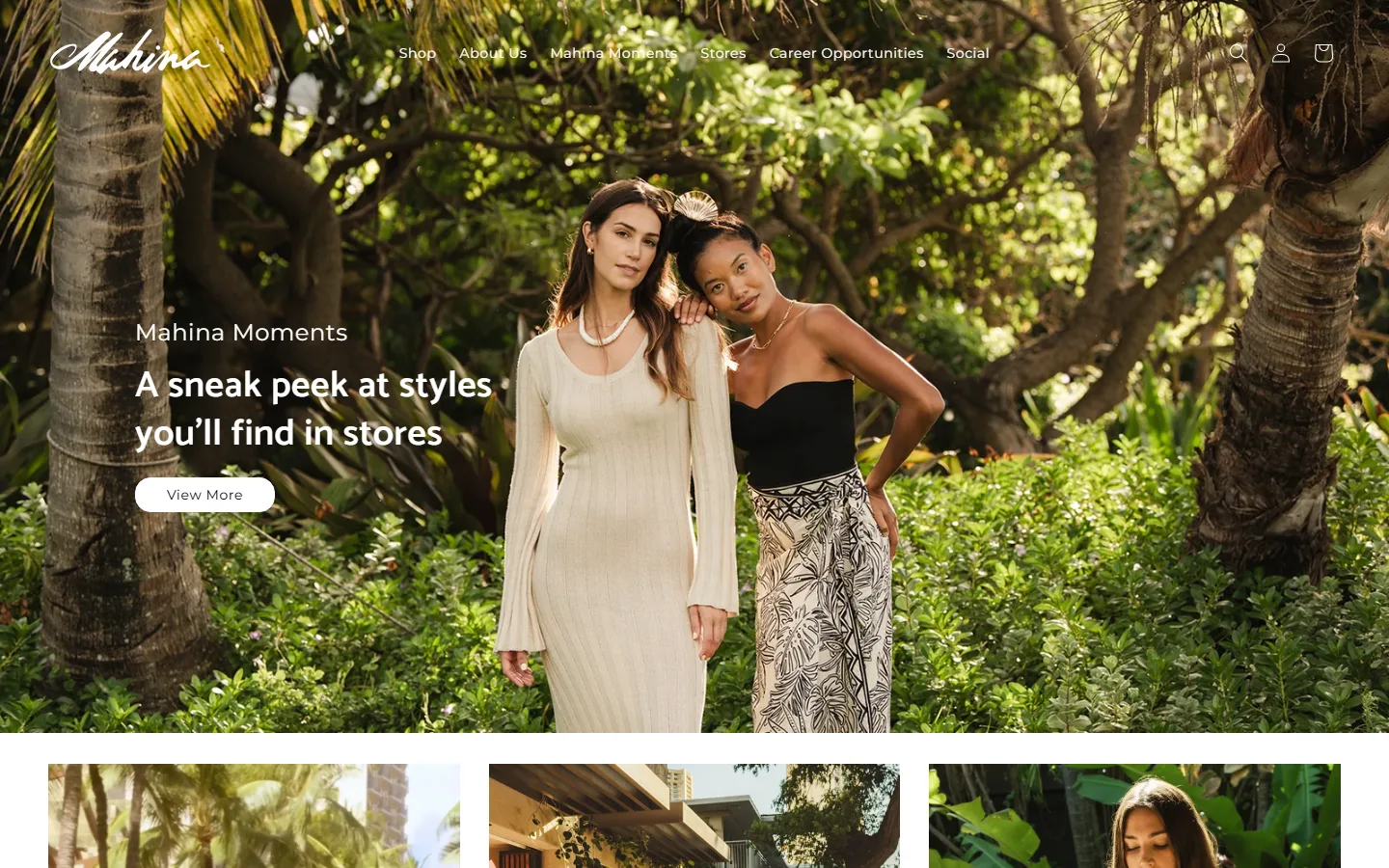 Viewport capture of Mahina Clothing website