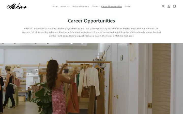 Website page titled Career Opportunities – Shop Mahina