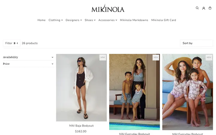 Website page titled Bodysuits – Mikinola