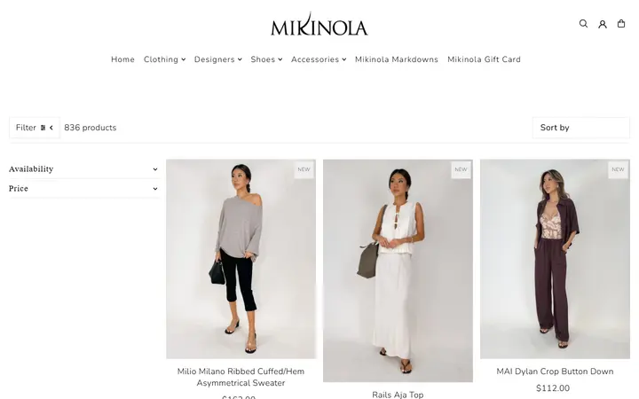 Website page titled Tops – Mikinola