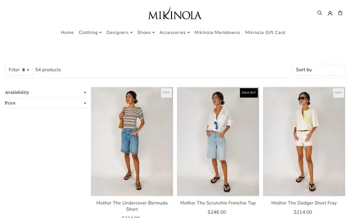 Website page titled Mother Denim – Mikinola