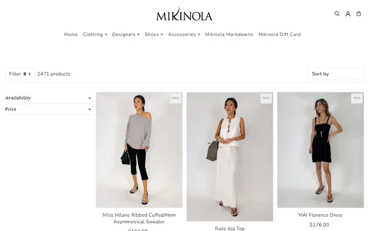 Website page titled Clothing – Mikinola
