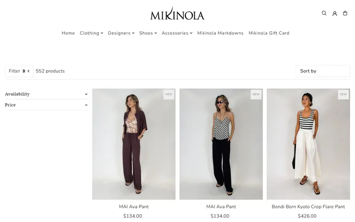 Website page titled Bottoms – Mikinola