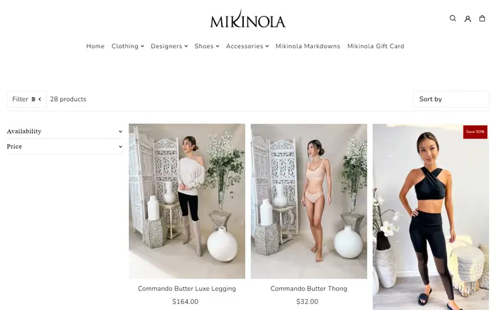 Website page titled Activewear – Mikinola
