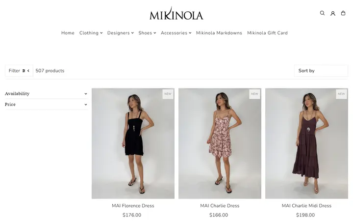 Website page titled Dresses – Mikinola