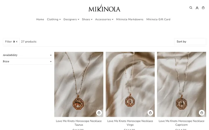 Website page titled Jewelry – Mikinola