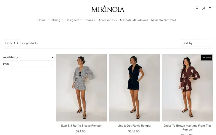 Website page titled Rompers – Mikinola