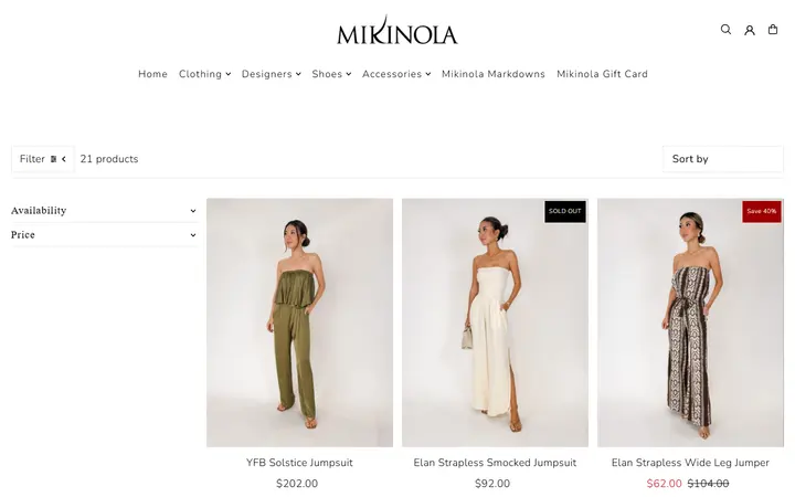 Website page titled Jumpsuits – Mikinola