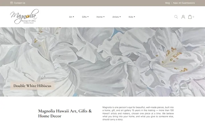 Website page titled Hawaiian Gifts, Art & Home Decor | Magnolia Hawaii - Magnolia Hawaii