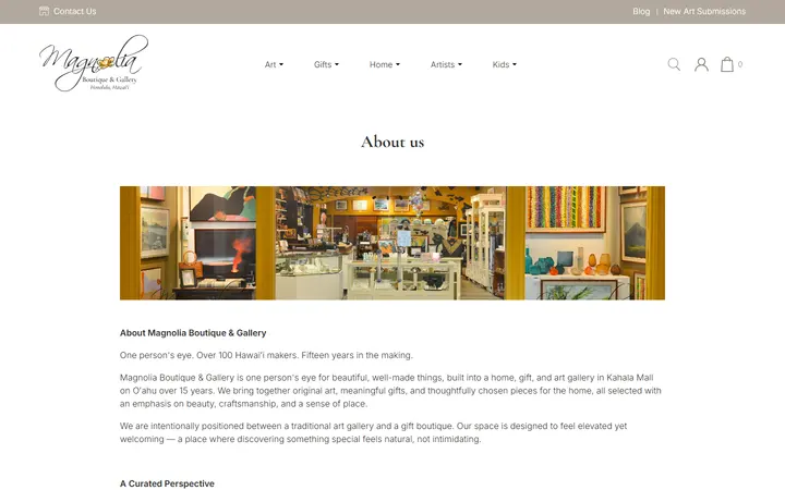 Website page titled Magnolia Hawaii | Artful Gifts, Home Accents & Local Artists - Magnolia Hawaii