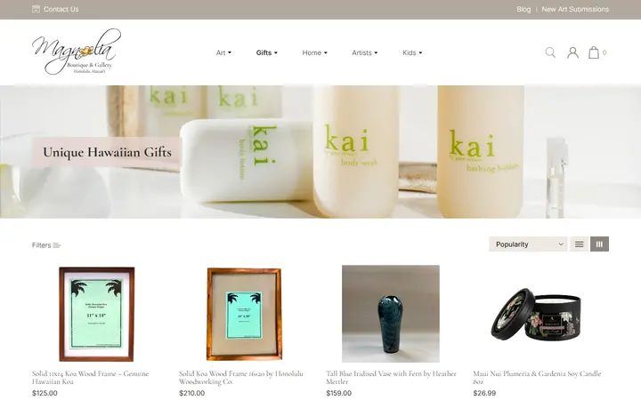 Website page titled Unique Hawaiian Gifts | Magnolia Hawaii - Magnolia Hawaii