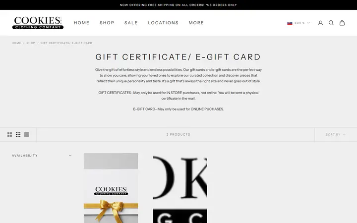 Website page titled Gift Certificate/ E-Gift Card