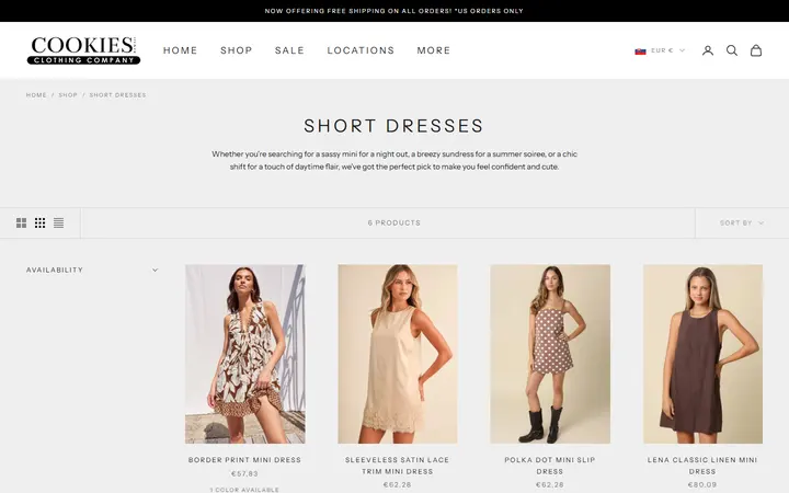 Website page titled Mini Dresses & Short Sundresses | Tropical Prints | Cookies Clothing