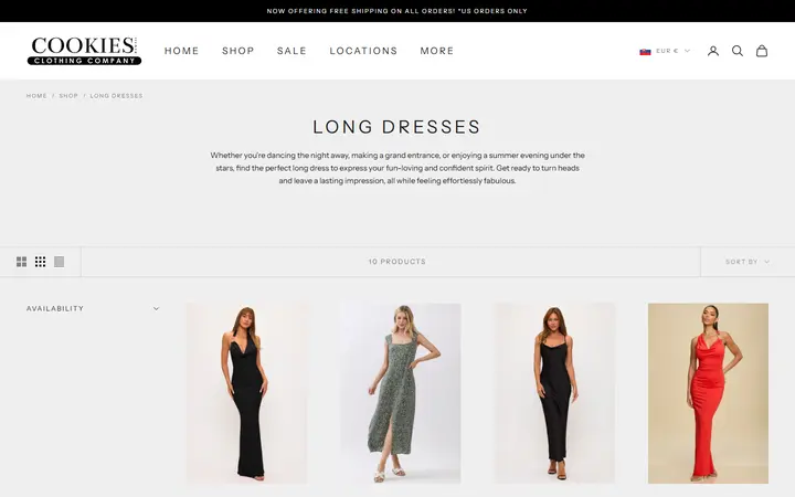 Website page titled Long Dresses & Maxi Dresses | Tropical Prints | Cookies Clothing