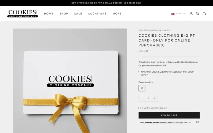Website page titled Cookies Clothing E-GIFT CARD (ONLY FOR ONLINE PURCHASES)