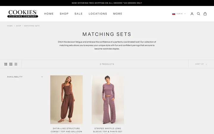 Website page titled Matching Sets