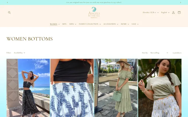 Website page titled WOMEN BOTTOMS – Angels by the Sea Hawaii