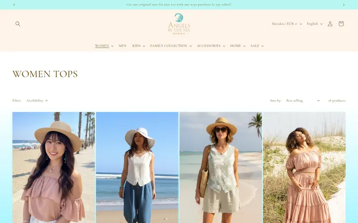 Website page titled WOMEN TOPS – Angels by the Sea Hawaii