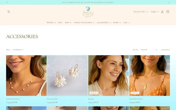 Website page titled ACCESSORIES – Angels by the Sea Hawaii