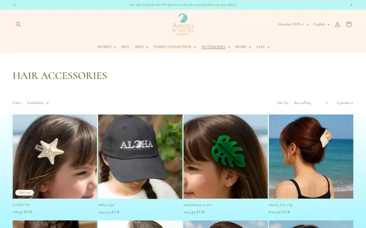 Website page titled HAIR ACCESSORIES – Angels by the Sea Hawaii