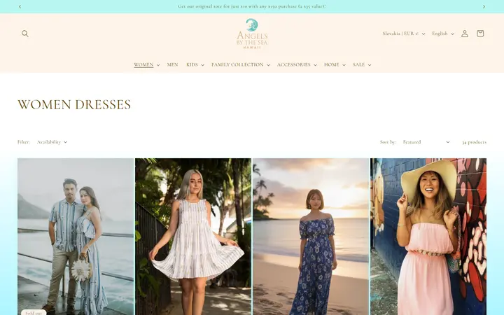 Website page titled WOMEN DRESSES – Angels by the Sea Hawaii