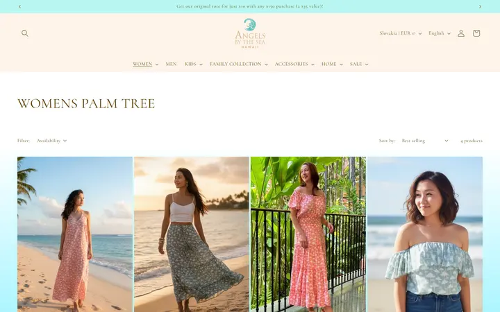 Website page titled WOMENS PALM TREE – Angels by the Sea Hawaii