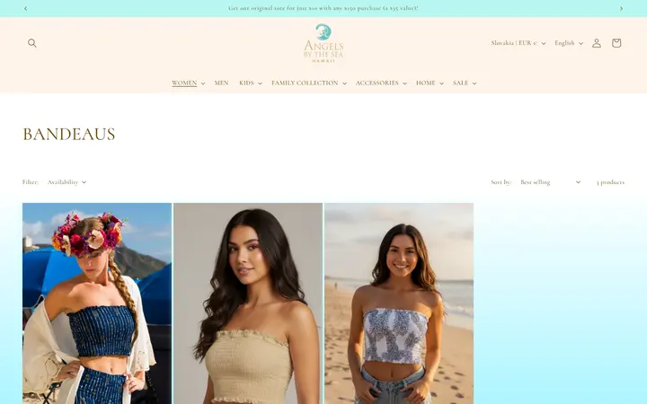 Website page titled BANDEAUS – Angels by the Sea Hawaii