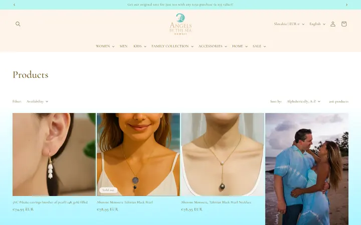 Website page titled Products – Angels by the Sea Hawaii