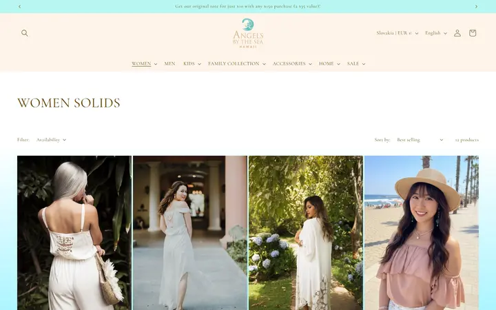 Website page titled WOMEN SOLIDS – Angels by the Sea Hawaii