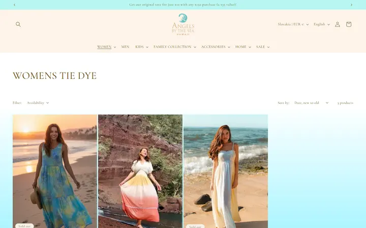 Website page titled WOMENS TIE DYE – Angels by the Sea Hawaii