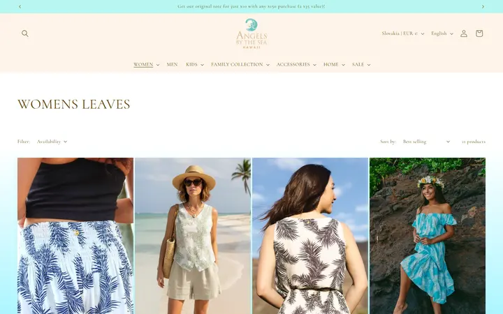 Website page titled WOMENS LEAVES – Angels by the Sea Hawaii