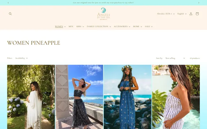 Website page titled WOMEN PINEAPPLE – Angels by the Sea Hawaii