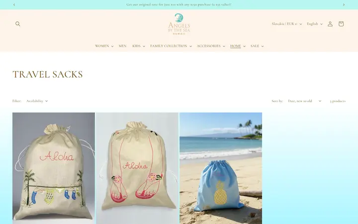 Website page titled TRAVEL SACKS – Angels by the Sea Hawaii