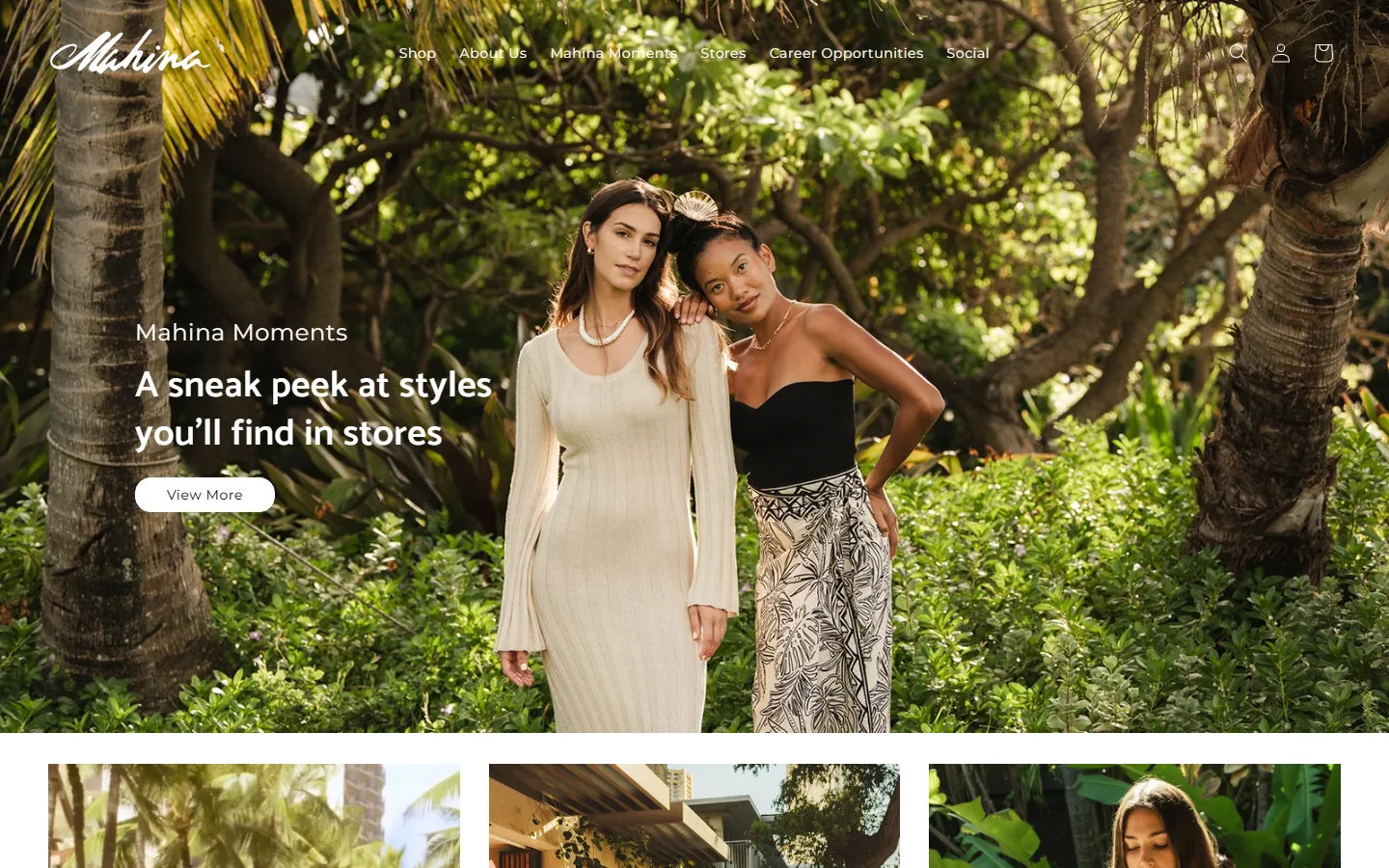 Viewport capture of Mahina Clothing website