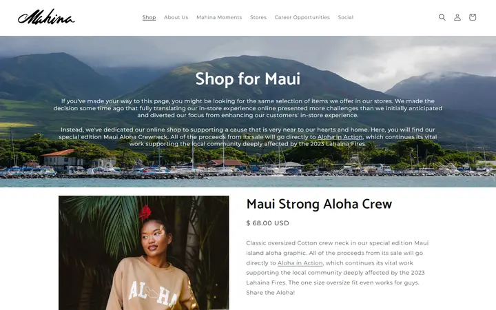 Website page titled Maui Strong Aloha Crew – Shop Mahina