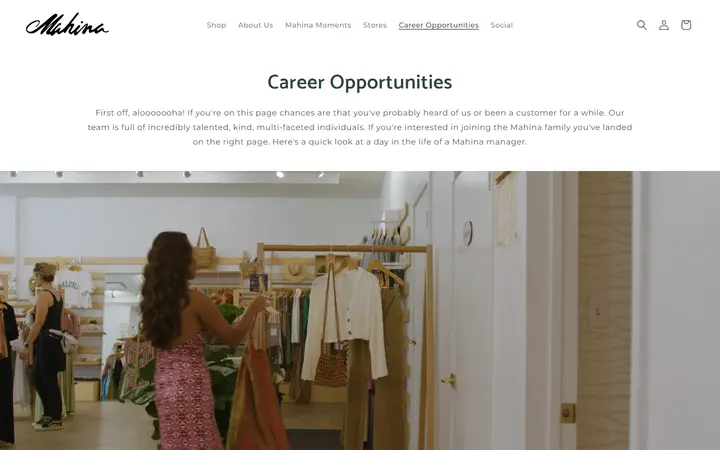 Website page titled Career Opportunities – Shop Mahina