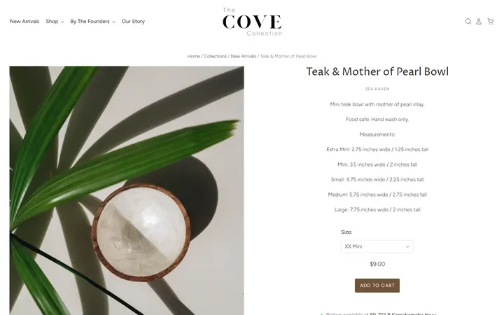 Website page titled Teak & Mother of Pearl Bowl– The Cove Collection