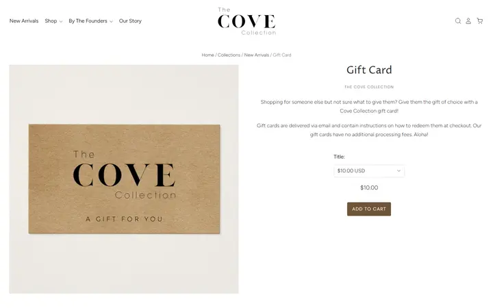 Website page titled Gift Card– The Cove Collection
