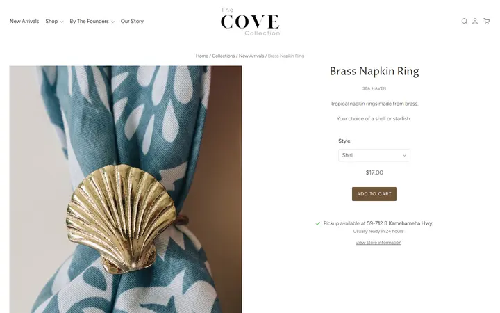 Website page titled Brass Napkin Ring– The Cove Collection