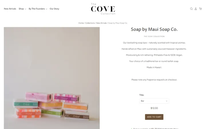 Website page titled Soap by Maui Soap Co.– The Cove Collection