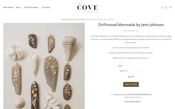 Website page titled Driftwood Mermaids by Jenn Johnson– The Cove Collection