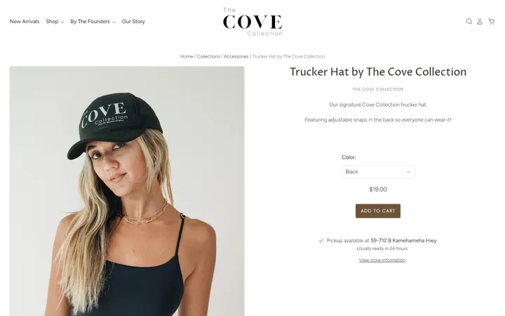 Website page titled Trucker Hat by The Cove Collection